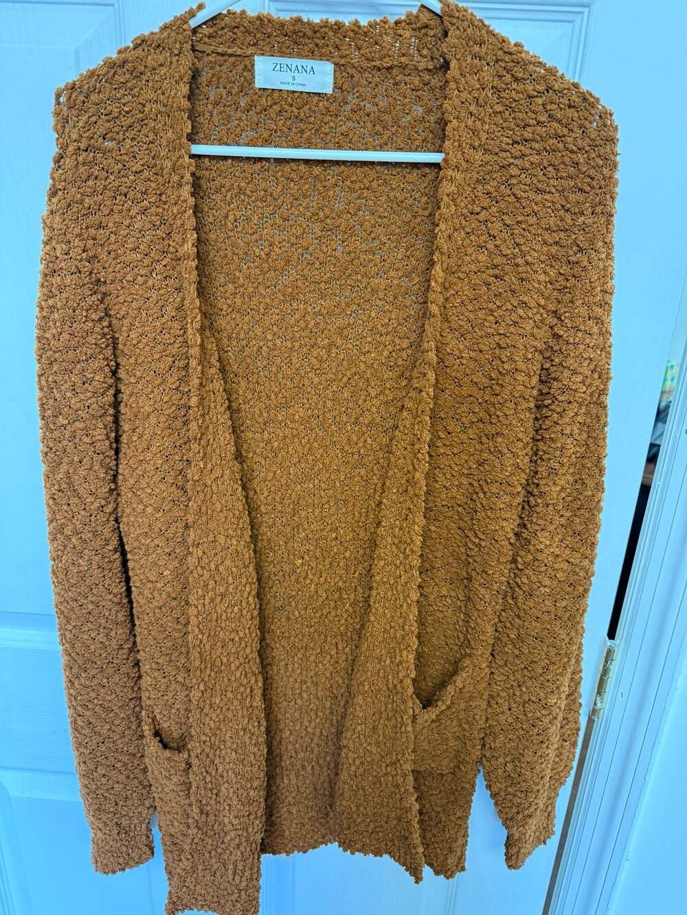 Zenana Women's Brown Popcorn Knit Open Front Cardigan  with Pockets Size S